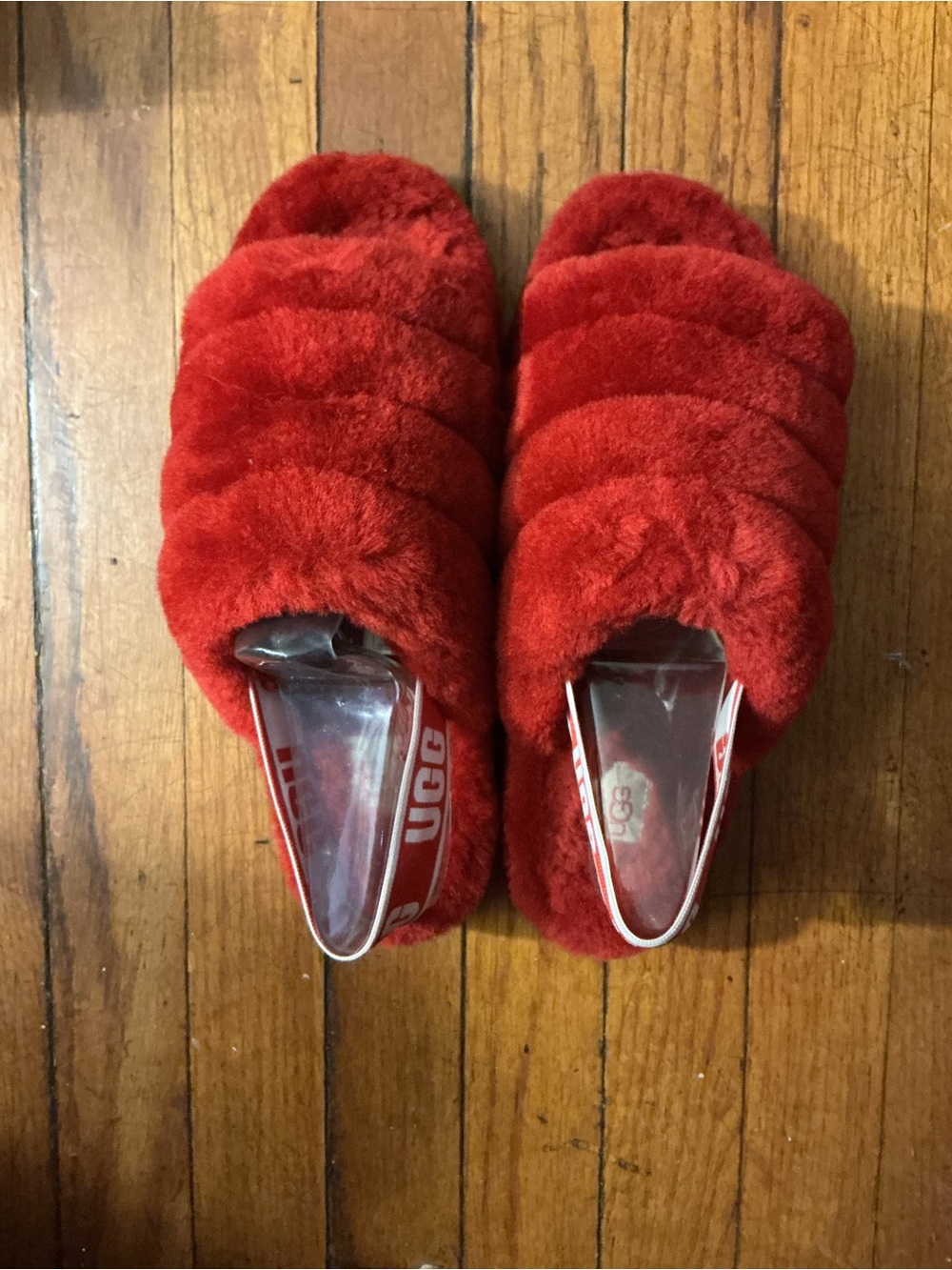 UGG Women's Red Fuzzy Slide Slippers with Branded Heel Strap